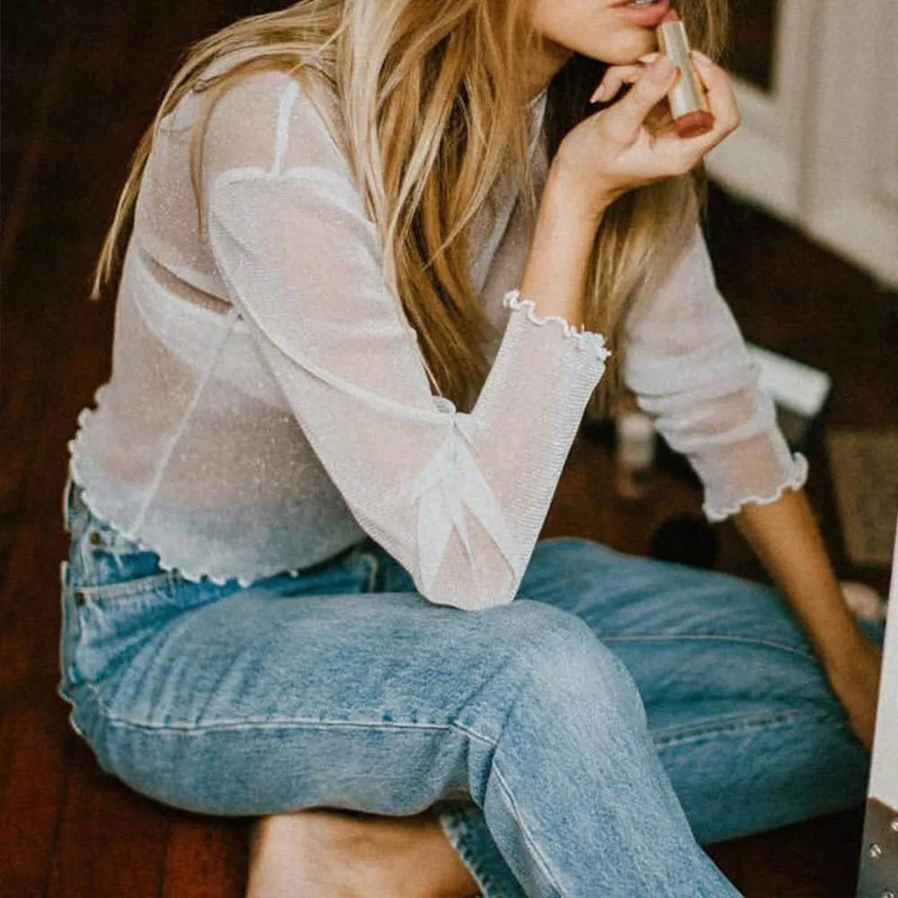 Maglietta sexy a maniche lunghe in rete lucida da donna