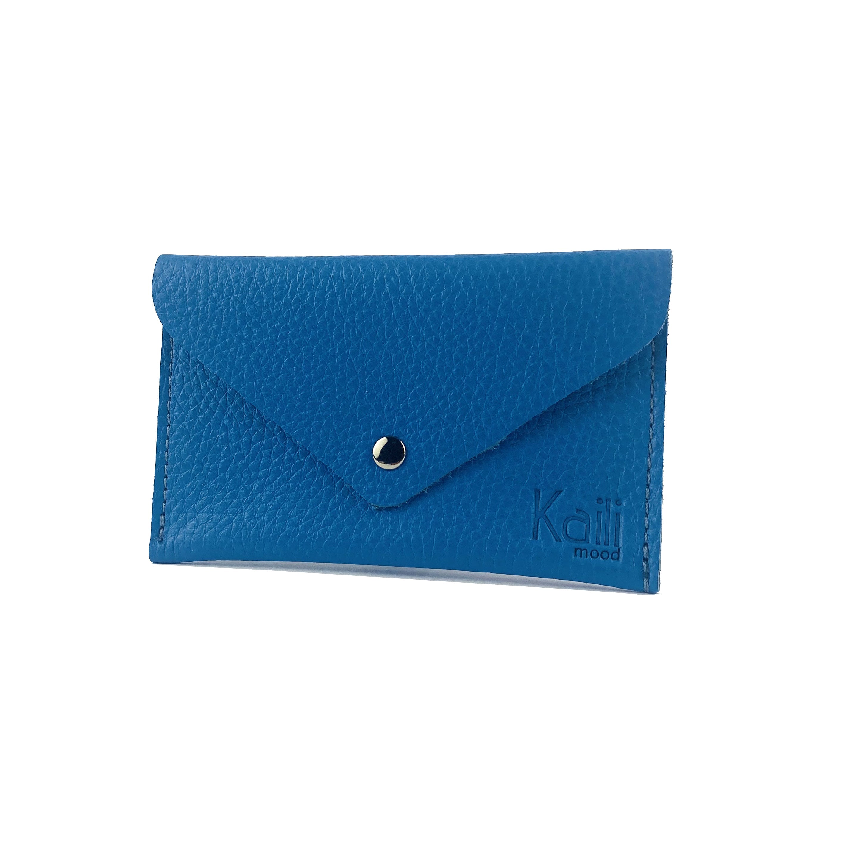 K0040OB | Made in Italy flap pouch in genuine full-grain leather, dollar grain - Light Blue color - Size: 13 x 8 x 0.5 cm - Package: Hard bottom/cover Gift Box