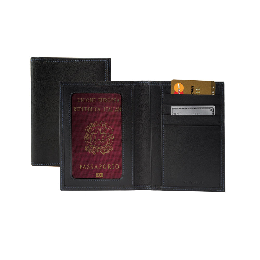 K10222AB | Document Holder + Passport in genuine full-grain leather, with light grain. Black color. Size when closed: 10 x 14 x 1 cm - Packaging: hard bottom/cover Gift Box-3