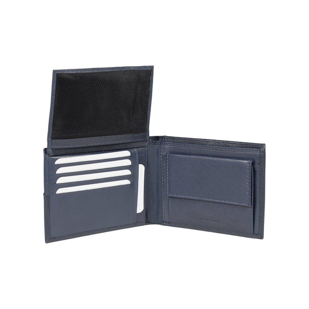 RB12004D | Men's folded wallet in genuine full-grain leather, with light grain. Blue color. RFID protection. Size when closed: 12.5 x 9.5 x 2 cm. Packaging: gift box bottom/cover-2