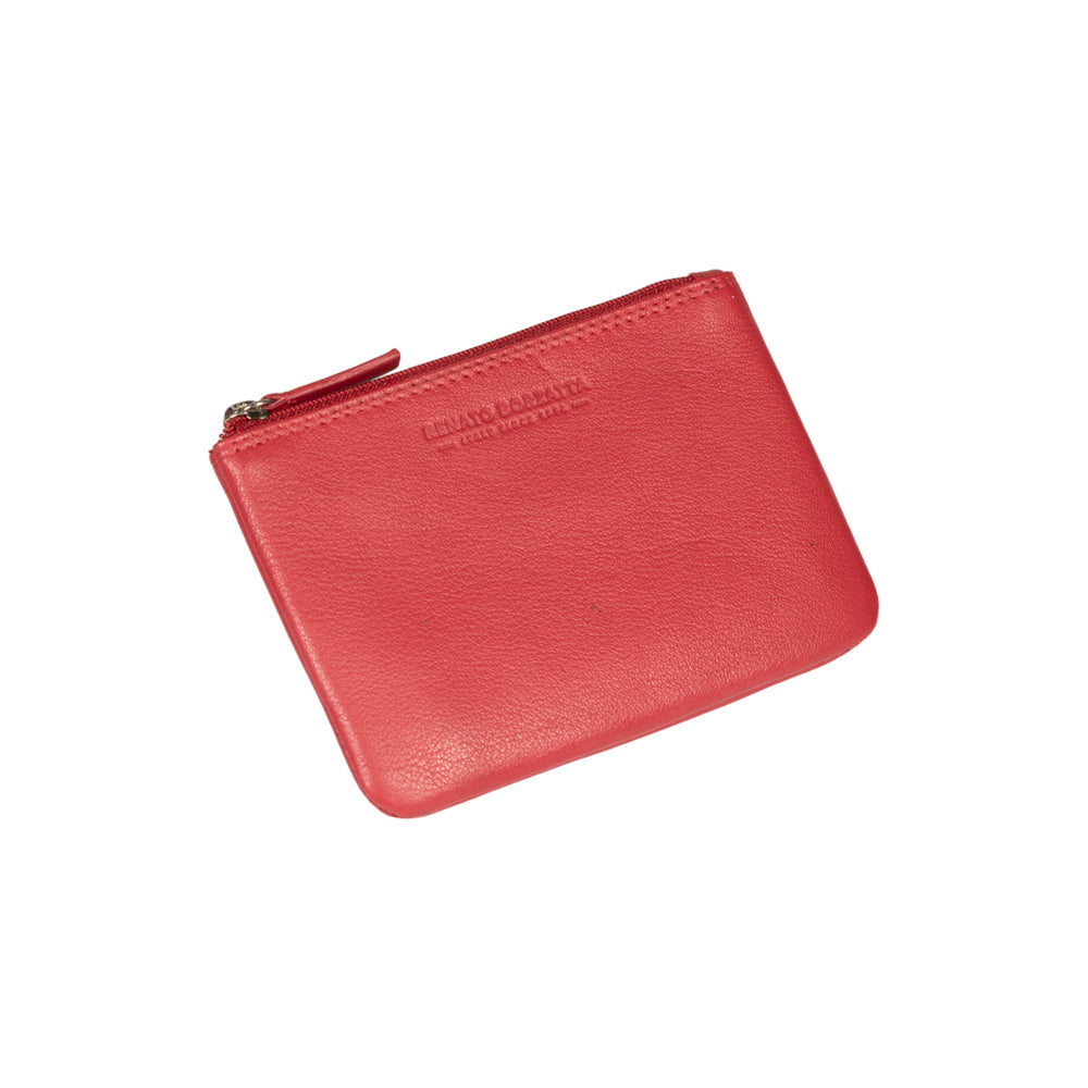 RB12032V | Key fob/coin pouch in genuine full-grain leather, with light grain. Red color. RFID protection. Dimensions: 13 x 9 x 0.5 cm. Packaging: Gift box bottom/cover (copy)-2